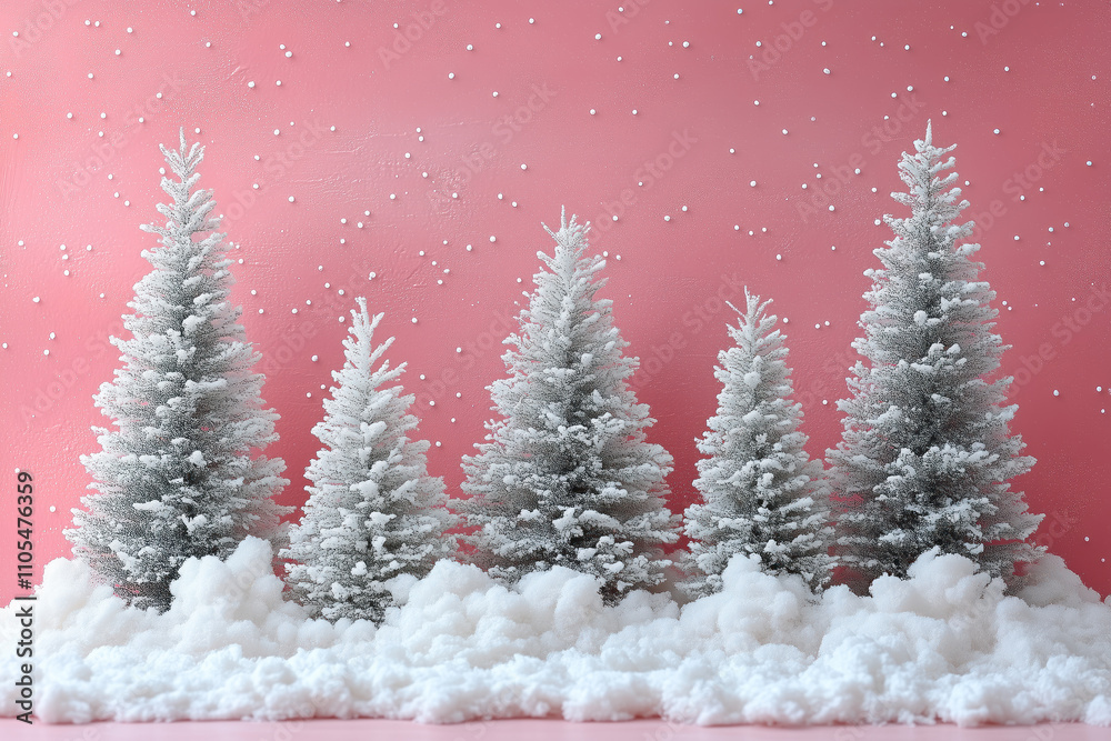 Obraz premium Pink background with snow-covered trees.