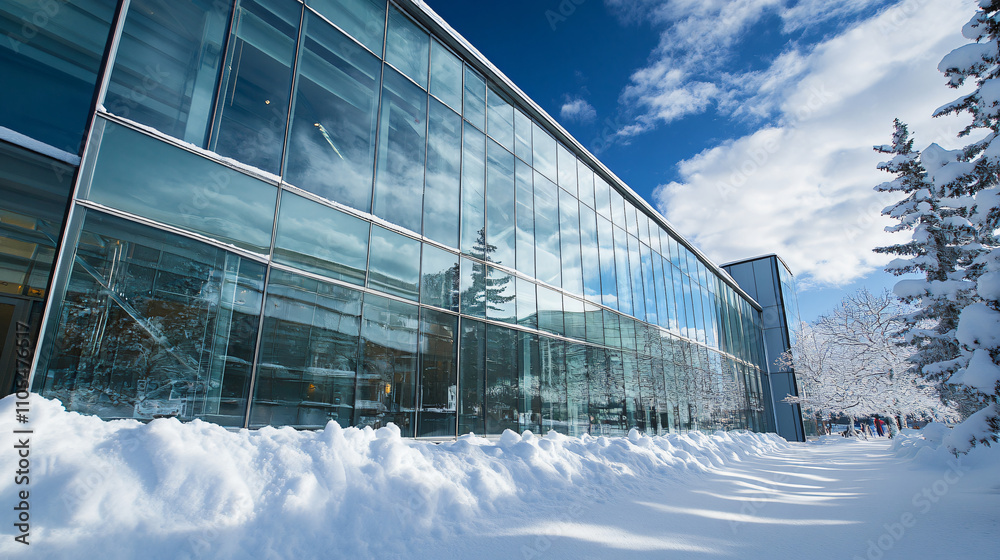 A modern glass building with snow accumulating on its sharp edges, reflecting the winter sky.