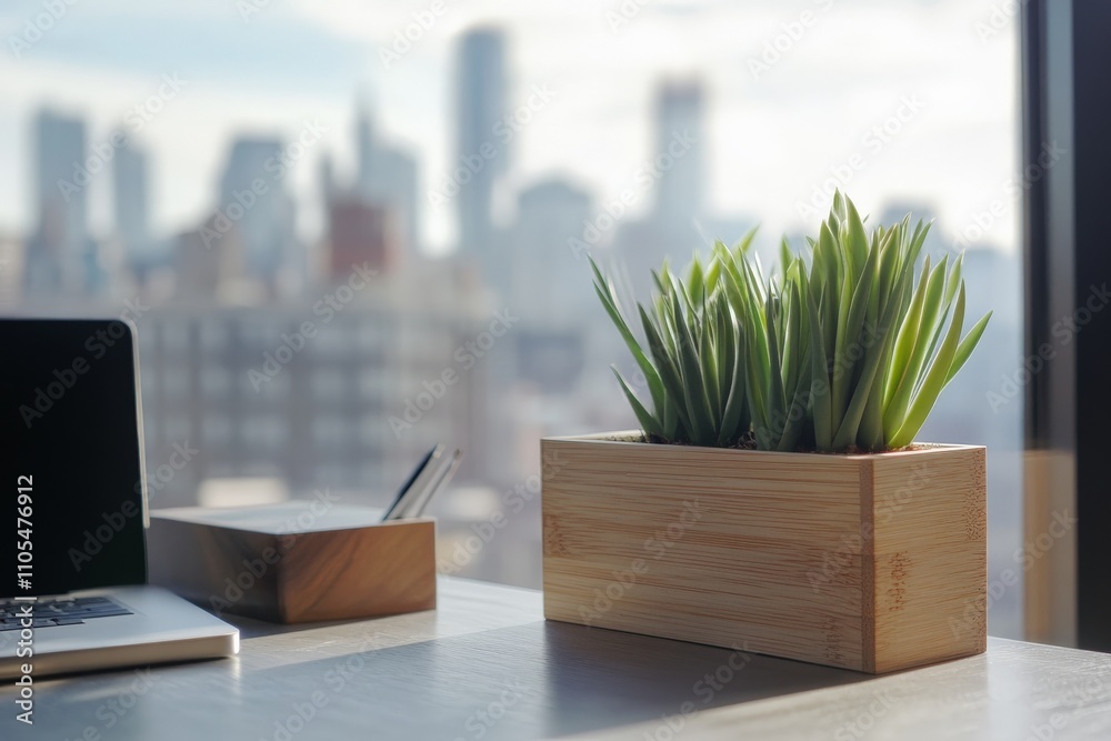A minimalist wooden planter box holds a thriving green plant, perfectly complementing the urban skyline view visible through the office's large window. A minimalist wooden planter box holds a thriving green plant, perfectly complementing the urban skyline view visible through the office's large window.