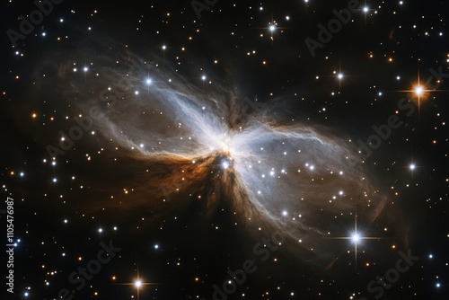 A breathtaking view of an intricate nebulous formation where delicate strands of blue and brown weave together amidst a backdrop of countless bright stars.