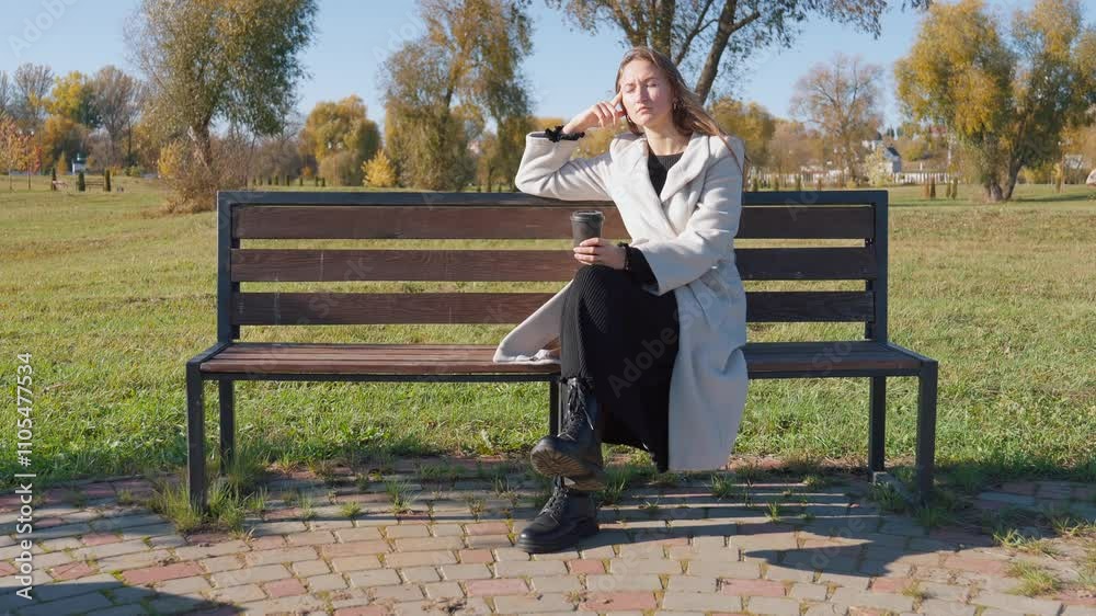 Young woman is sitting on park bench on sunny autumn day. She is fidgeting with her hands and appears to be deep in thought