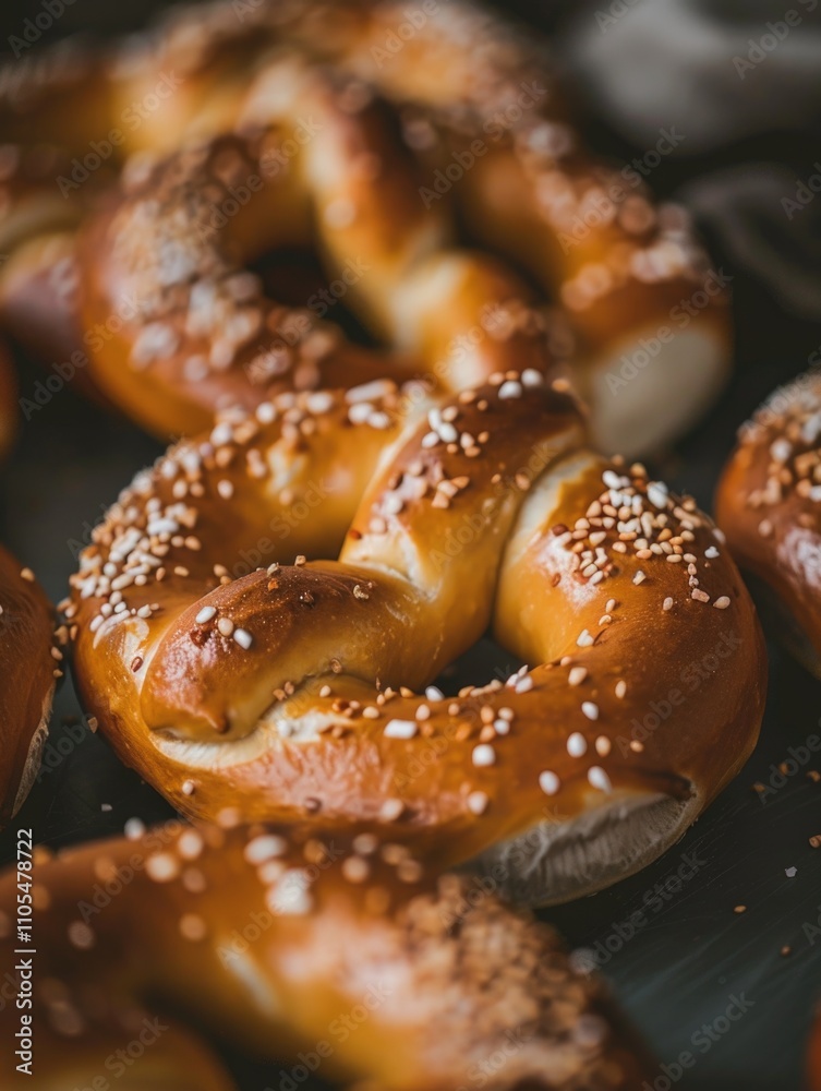 Close up of several sesame seed bagels. The bagels are all different sizes and are arranged in a row Close up of several sesame seed bagels. The bagels are all different sizes and are arranged in a row