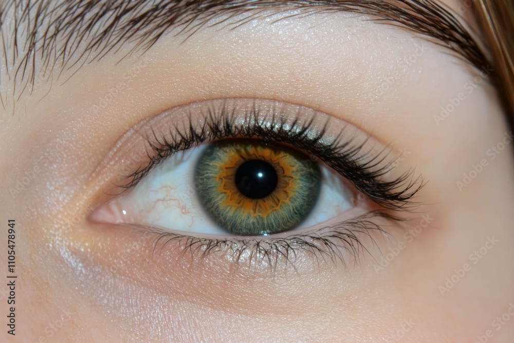 Obraz premium A striking close-up of a person's green eye, showcasing the intricate patterns of the iris and detailed texture of the eyelashes, highlighting uniqueness and identity.