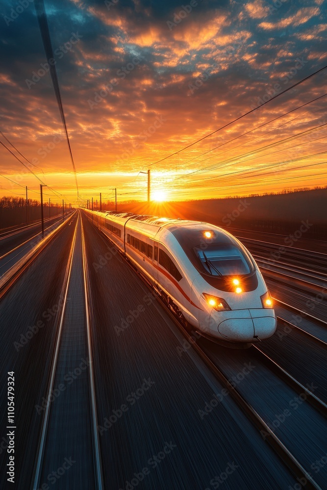 High-Speed Train Traveling at Sunset with Dramatic Sky and Vibrant Colors Capturing Motion and Speed on Railway Tracks High-Speed Train Traveling at Sunset with Dramatic Sky and Vibrant Colors Capturing Motion and Speed on Railway Tracks