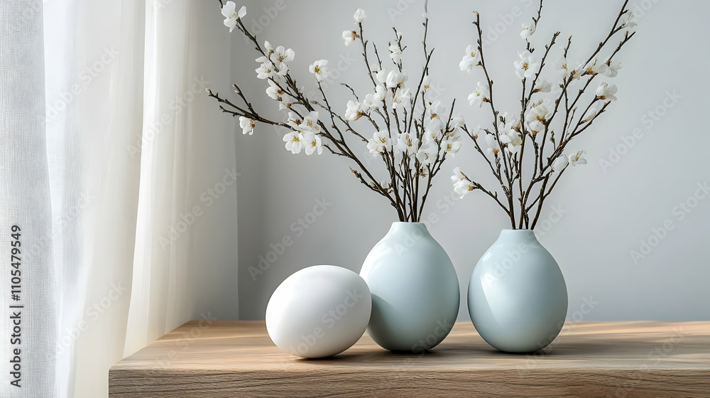 Pastel Blue Vases Displaying Delicate White Blossoms on Wooden Surface Pastel Blue Vases Displaying Delicate White Blossoms on Wooden Surface