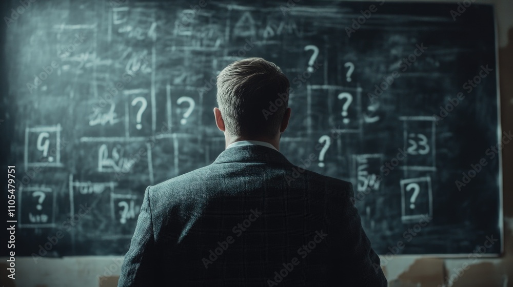 Man in a suit is looking at a chalkboard with a lot of questions on it. The man is confused or unsure about the questions Man in a suit is looking at a chalkboard with a lot of questions on it. The man is confused or unsure about the questions