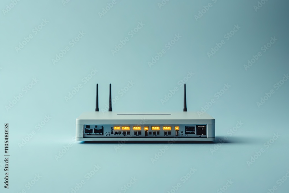 Modern router on light background with glowing lights