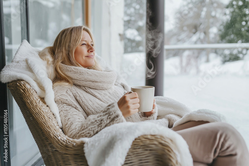 A middle-aged woman is relaxing in an armchair with a cup of coffee on the snowy winter veranda of a country house. The concept of rest and relaxation after working days.