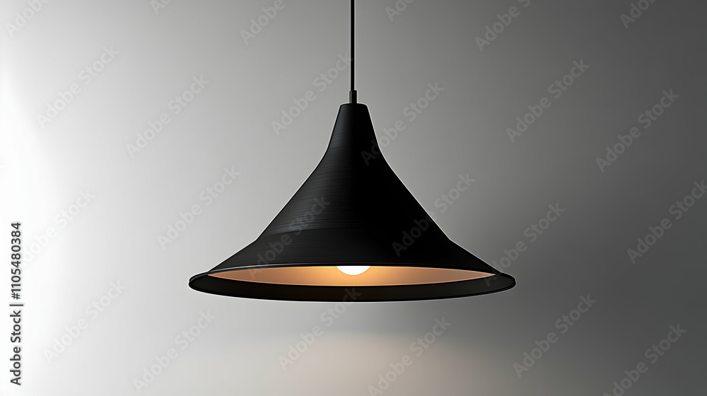 Fototapeta premium 3D Render of a Black Conical Pendant Lamp Illuminates a Neutral Background