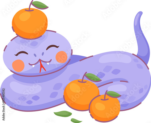 Charming cartoon snake character with a playful expression and vibrant purple color, nestled among bright mandarin fruits, symbolize prosperity, happiness and good luck for the Chinese Lunar New Year