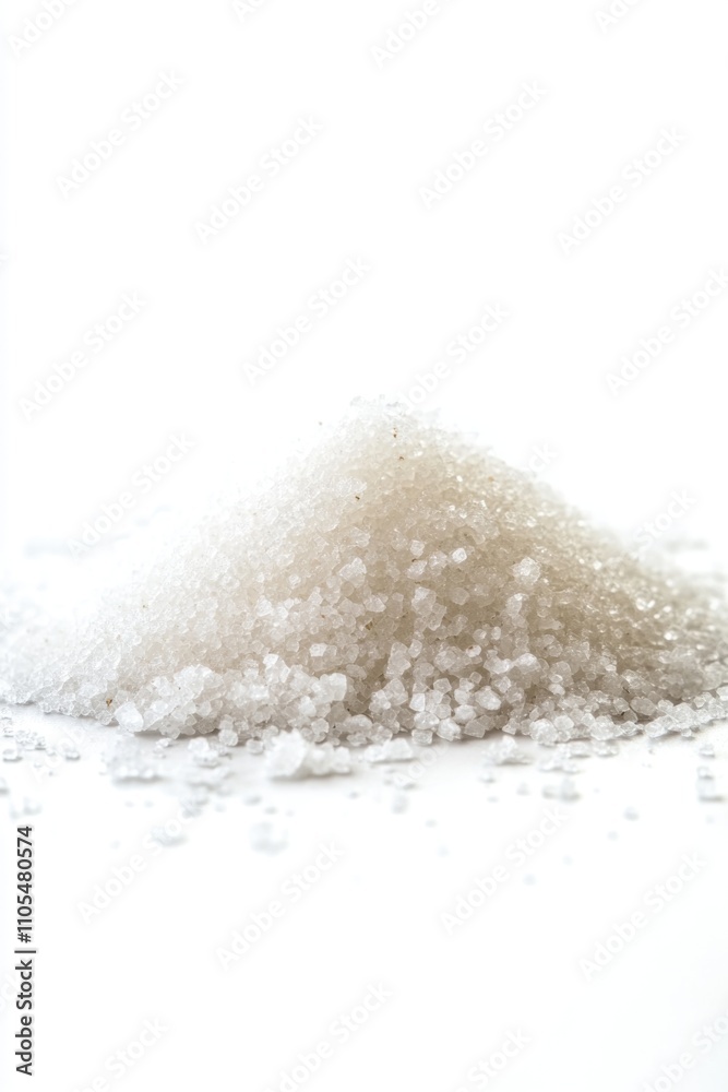Pile of white sugar on a white background. The sugar is white and has a grainy texture Pile of white sugar on a white background. The sugar is white and has a grainy texture