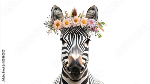 Zebra in a wreath of flowers on a white background photo