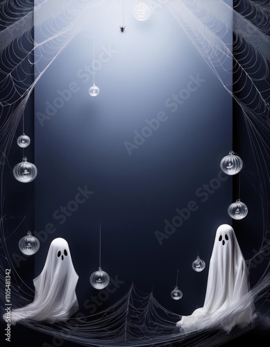 Two ghosts in a spider web frame with bubbles, halloween