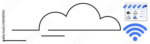 Cloud connected to an online store interface and blue wireless symbol. Ideal for technology, e-commerce, cloud computing, online business, internet services, digital marketing, connectivity. Line