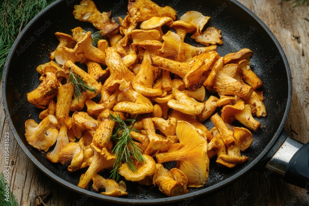 Pan of mushrooms is on a wooden table. The mushrooms are cooked and seasoned, and they are spread out in the pan Pan of mushrooms is on a wooden table. The mushrooms are cooked and seasoned, and they are spread out in the pan