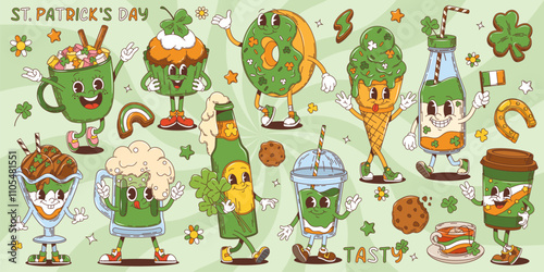 Cartoon groovy retro dessert and drink characters, Saint Patrick day holiday vector personages of pastry and sweets. Groovy green beer, coffee, cocktail and cake, trefoil clover and rainbow cookie