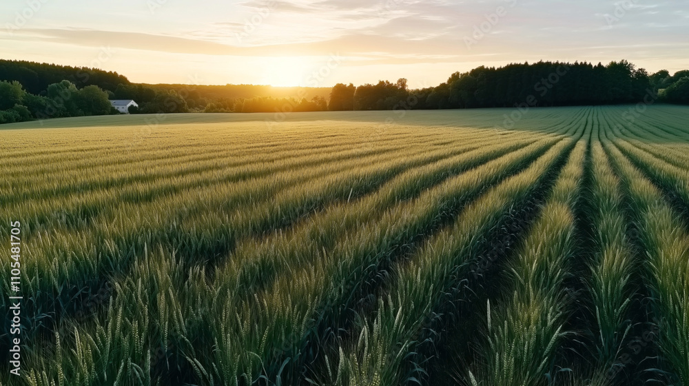 Expansive wheat field with clearly defined rows, under a sunrise or sunset sky, surrounded by dense trees and a distant farmhouse, creating a serene rural landscape. Expansive wheat field with clearly defined rows, under a sunrise or sunset sky, surrounded by dense trees and a distant farmhouse, creating a serene rural landscape.