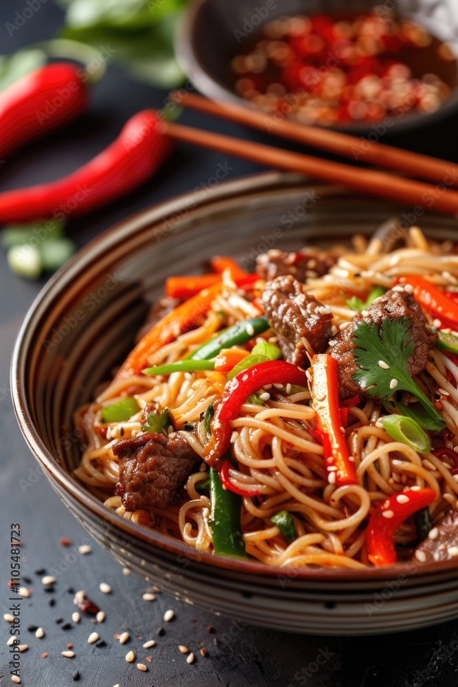 Bowl of beef noodle soup with vegetables and chili sauce. The bowl is on a table with chopsticks and a bottle of sauce Bowl of beef noodle soup with vegetables and chili sauce. The bowl is on a table with chopsticks and a bottle of sauce