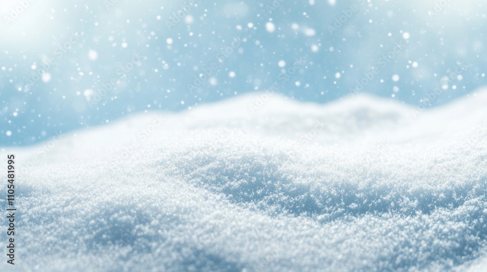 Snowy hillside with a blue sky in the background. The snow is white and fluffy, creating a peaceful and serene atmosphere