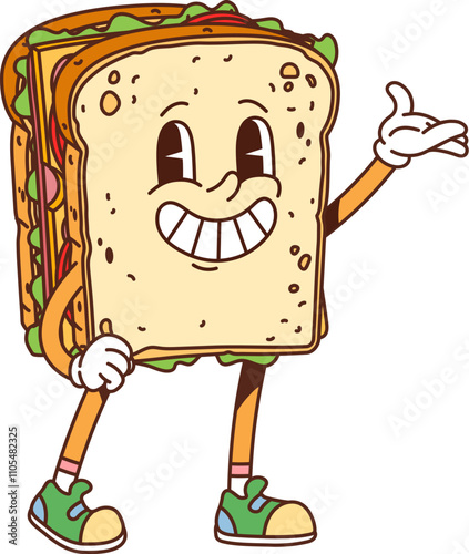 Cartoon groovy fast food sandwich character. Street menu snack cheerful funky character, cute 60s 70s cartoon isolated vector personage. Takeaway sandwich or fast food meal happy sliming mascot