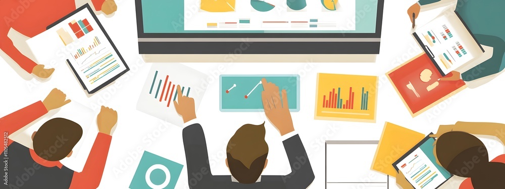 Vector flat illustration of business people meeting, top view with white background and color blocks showing graphs and charts Vector flat illustration of business people meeting, top view with white background and color blocks showing graphs and charts