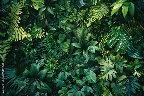 Dense layers of various greenery create a rich tapestry of leaves and foliage in a tropical environment, showcasing the diversity of plant life and natural beauty
