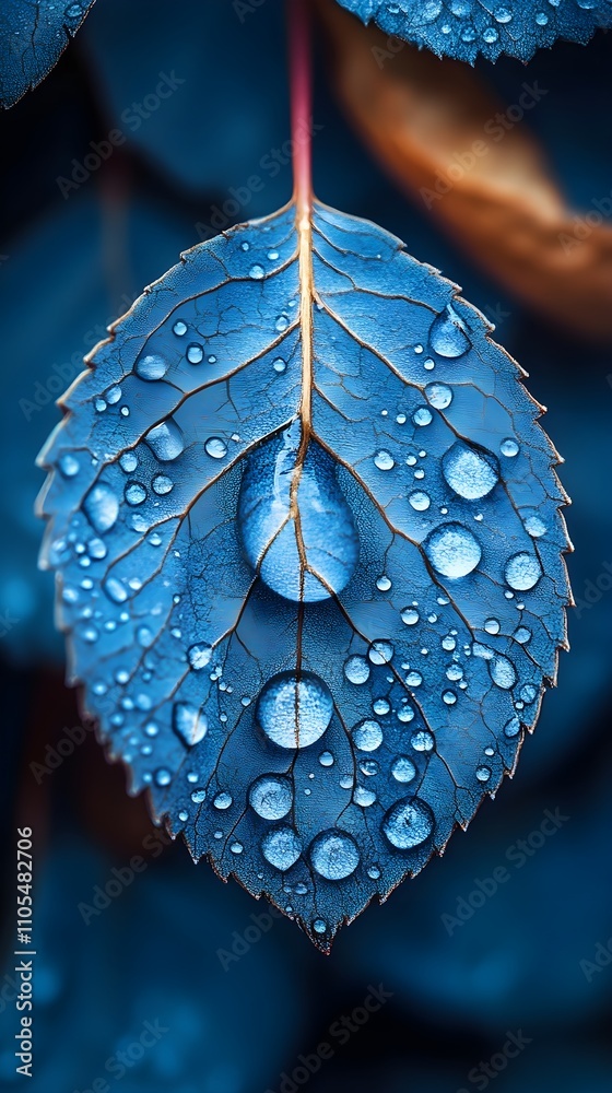 a raindrop on a leaf focused in blue tones with an abstract background and flashes of light in a glassmorphism style a raindrop on a leaf focused in blue tones with an abstract background and flashes of light in a glassmorphism style