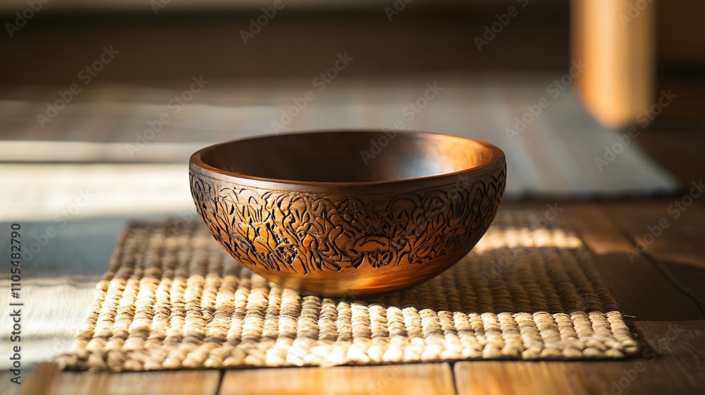 A handmade wooden bowl with intricate carvings placed on a woven mat, soft light illuminating its rich grain, the organic texture of the wood drawing attention, a sense of authenticity, natural A handmade wooden bowl with intricate carvings placed on a woven mat, soft light illuminating its rich grain, the organic texture of the wood drawing attention, a sense of authenticity, natural