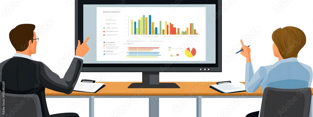 Vector flat illustration of business people meeting, top view with white background and color blocks showing graphs and charts