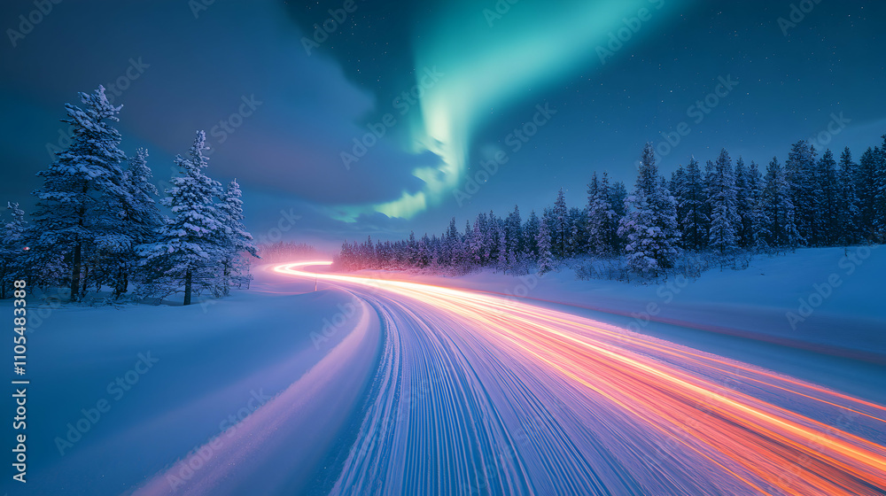 Night road, illuminated by car lights, winds through snow-covered winter forest under magical aurora borealis display. Night road, illuminated by car lights, winds through snow-covered winter forest under magical aurora borealis display.