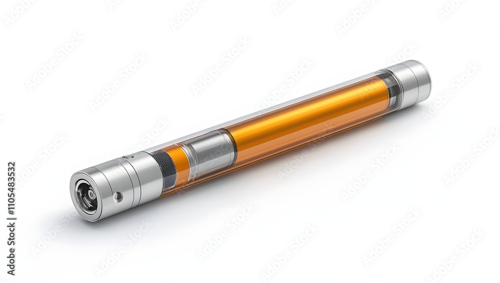Close-up of a sleek, transparent device with an orange interior component. The metallic ends add a modern, industrial feel. Close-up of a sleek, transparent device with an orange interior component. The metallic ends add a modern, industrial feel.