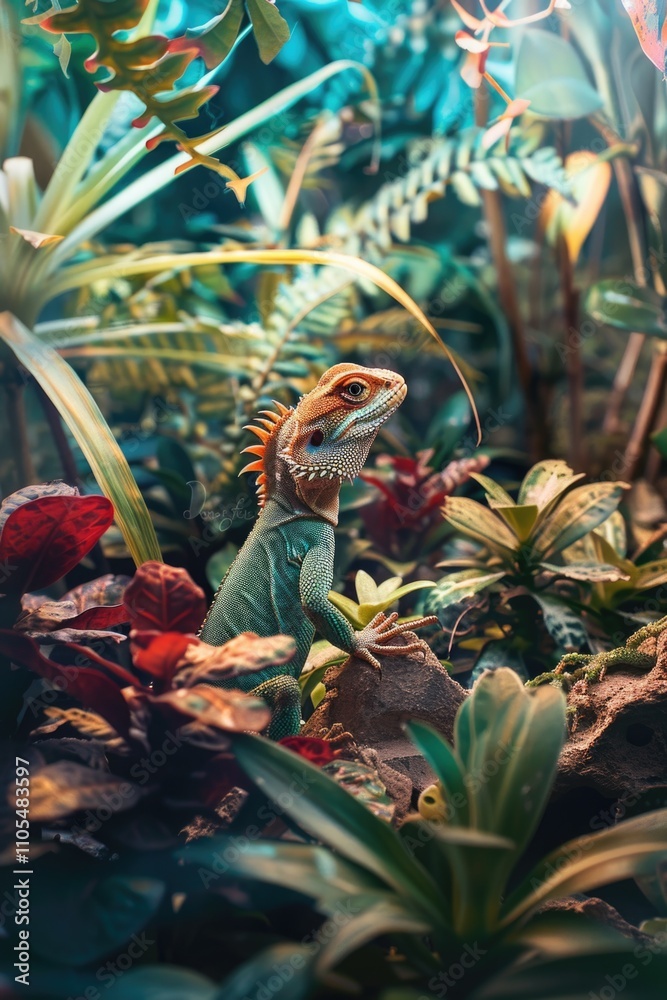 Obraz premium Lizard is standing on a rock in a jungle. The lizard is green and has red markings on its body. The jungle is lush and full of greenery, with many plants and trees surrounding the lizard