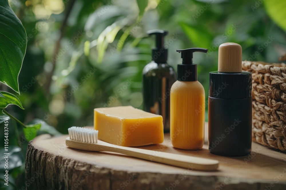 Wooden table with a bar of soap, a toothbrush, and two bottles of lotion. The soap is yellow and the toothbrush is white. The bottles of lotion are placed next to each other Wooden table with a bar of soap, a toothbrush, and two bottles of lotion. The soap is yellow and the toothbrush is white. The bottles of lotion are placed next to each other
