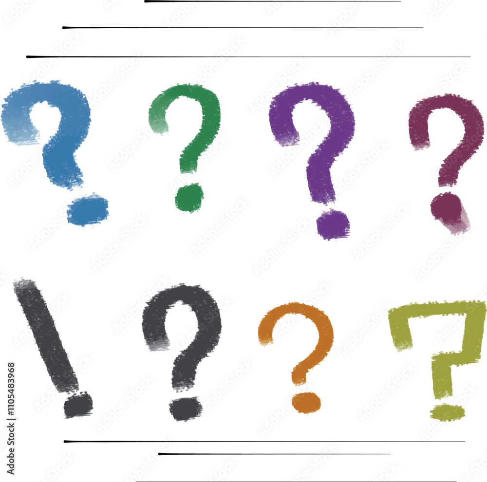 The colorful large question marks and one exclamation mark are done in a watercolor style. The colorful large question marks and one exclamation mark are done in a watercolor style.