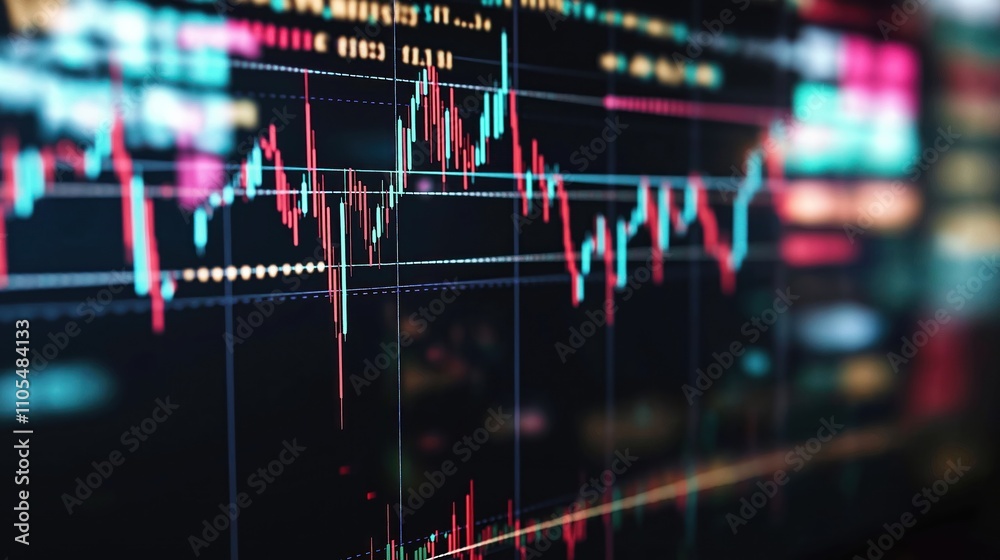Stock market plunge index chart shows fluctuating data points. Economic crisis, stock market decline visible in rapid graph data on monitor screen. Graph displays dramatic price changes. Digital