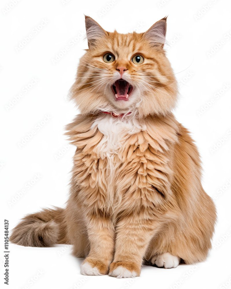 Obraz premium Surprised cat with wide eyes and perked ears, isolated on a white background, capturing a playful and expressive moment, ideal for pet, animal, and humorous themes.