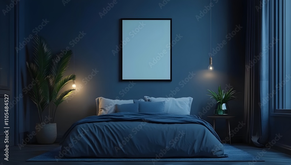 Serene bedroom with a dark blue color scheme, featuring a cozy bed, stylish lighting, and a calming atmosphere. Serene bedroom with a dark blue color scheme, featuring a cozy bed, stylish lighting, and a calming atmosphere.