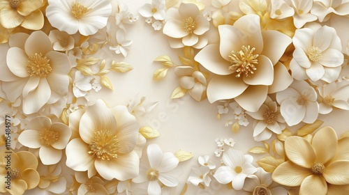 High-quality AI-generated image of 3D mural wallpaper. Luxurious gold, cream flowers create decorative pattern. Elegant design ideal for home decor interior design projects. Soft cream background