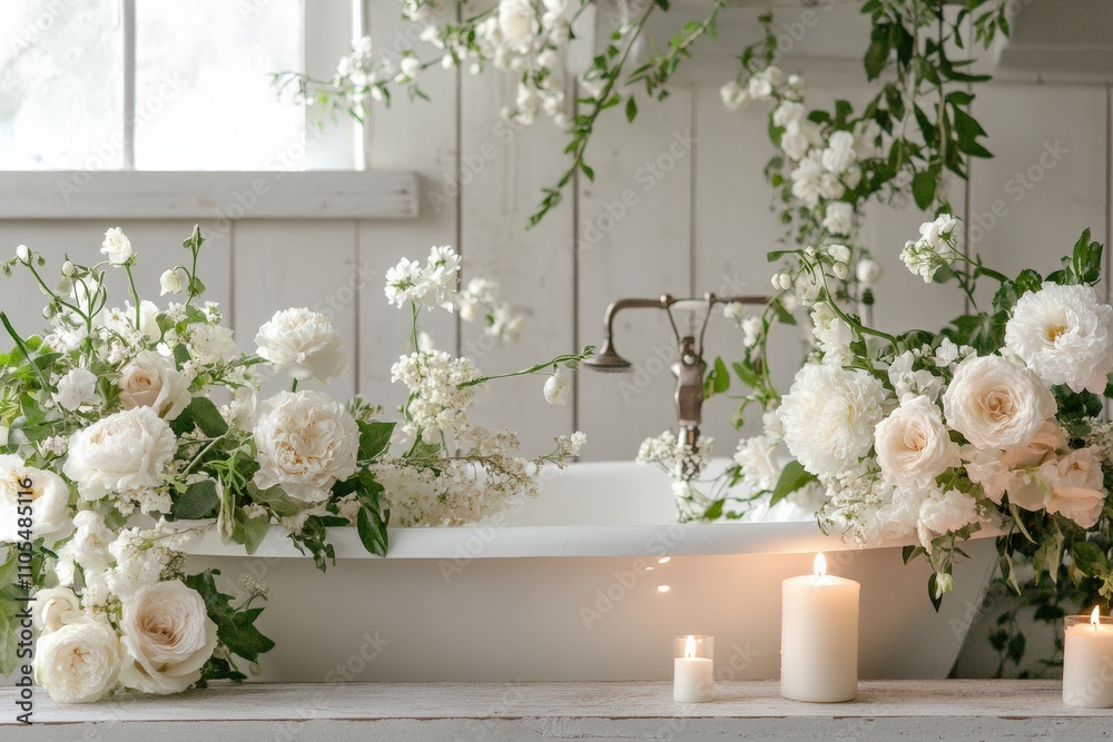 Fototapeta premium Close up Serene bath setup with a bathtub, candles, and fresh flowers.