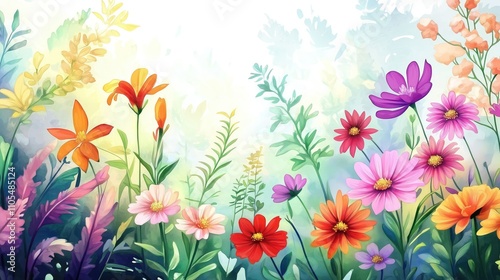 Colorful spring summer botanical garden scene. Vibrant flowers in various colors fill garden. Watercolor style creates soft, dreamy effect. Ideal for wallpaper mural design botanical art prints. photo