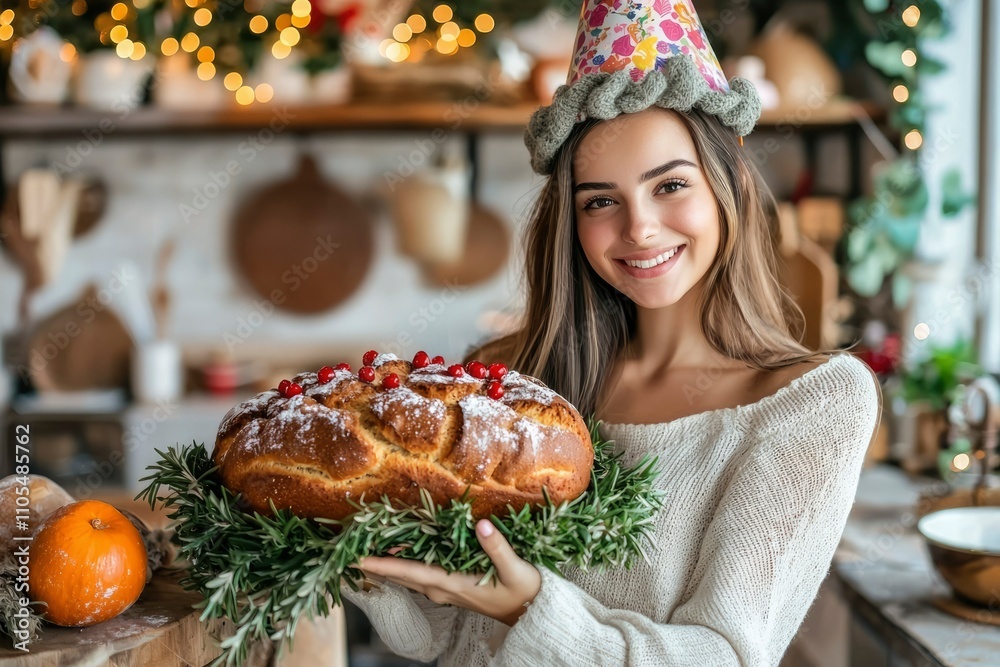 Woman Smiling Holds Festive Baked Bread In Kitchen Woman Smiling Holds Festive Baked Bread In Kitchen