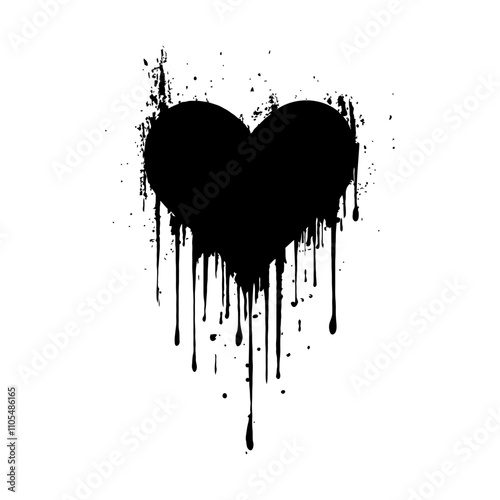 A black heart with dripping paint effect and rough edges on a clean white background. Concept of love, emotions, and art expression