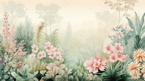 Botanical garden illustration shows colorful flowers, plants in garden setting with misty background. Soft pastel colors create peaceful, dreamy atmosphere. Floral design creates wallpaper mural
