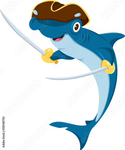 Cartoon sea hammerhead shark animal pirate corsair character with a wide smile, tricorn hat and cutlass. Isolated vector marine predator, underwater filibuster personage ready for oceanic adventures