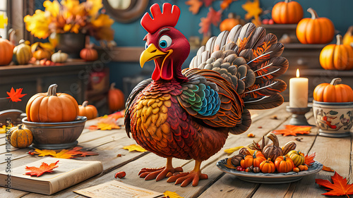 Fun cartoon design of Happy thanksgiving turkey 3d illustration design. Colorful background and traditional decoration of happy and funny turkey portrait. ai generated
