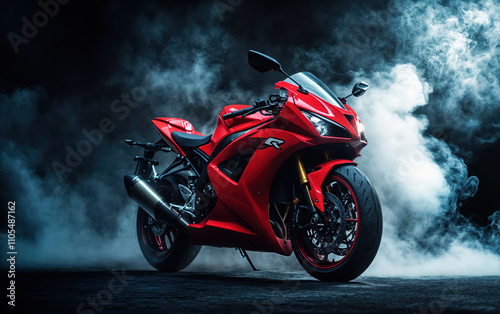 Red racing motorcycle standing in a smoky atmosphere photo