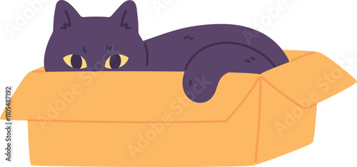 Cat hiding in box. Black cute kitten character