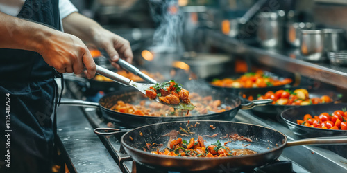 Chef preparing food in a busy restaurant kitchen