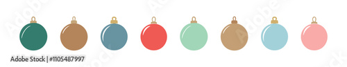 Row of colorful Christmas ornaments in a minimalist style isolated on a white background. Concept of festive holiday decoration, Christmas ornaments, baubles, simplicity, seasonal decor. Icon, print