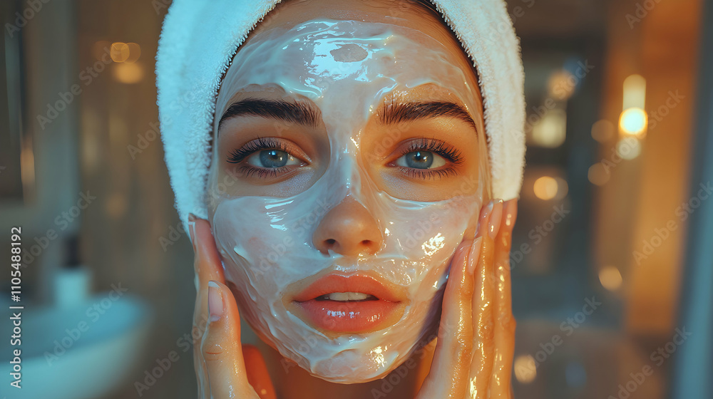 Woman Applies Creamy Facial Mask for Glowing Skin in Luxurious Bathroom Setting Woman Applies Creamy Facial Mask for Glowing Skin in Luxurious Bathroom Setting